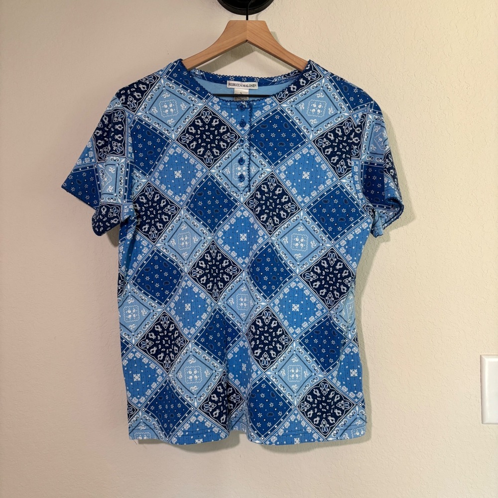 Vintage Rebecca Malone Top Bandana Print Large Blue Boho Western Grandma